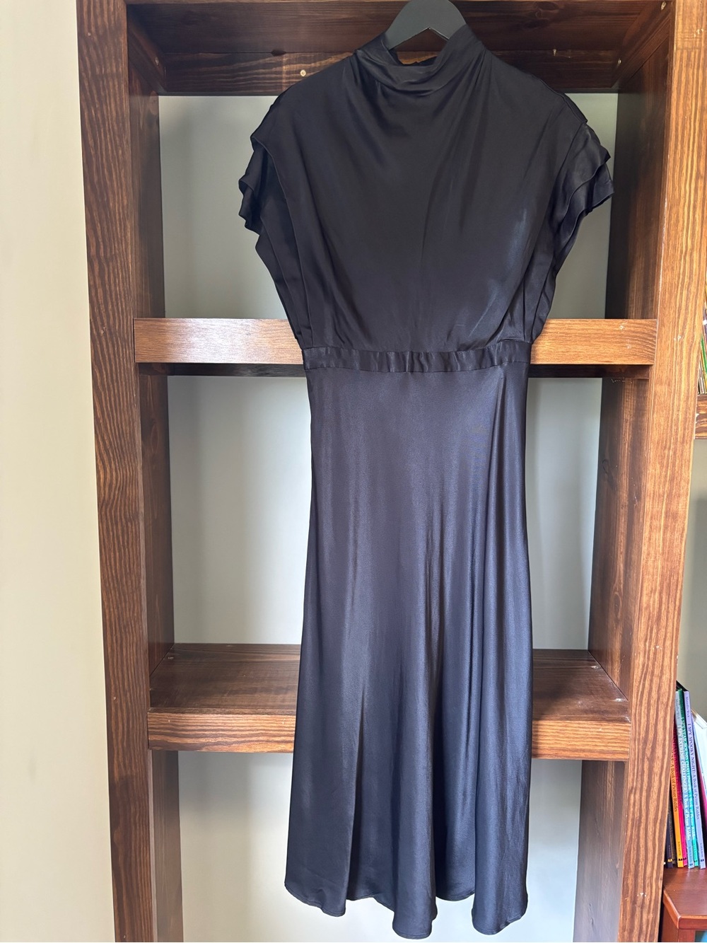 Anthropologie Black Satin-Look Midi Dress with High Neck